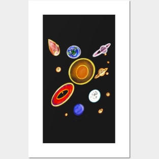 Set of stars, planets, sun, moon, comet, mars, Saturn space collage Posters and Art